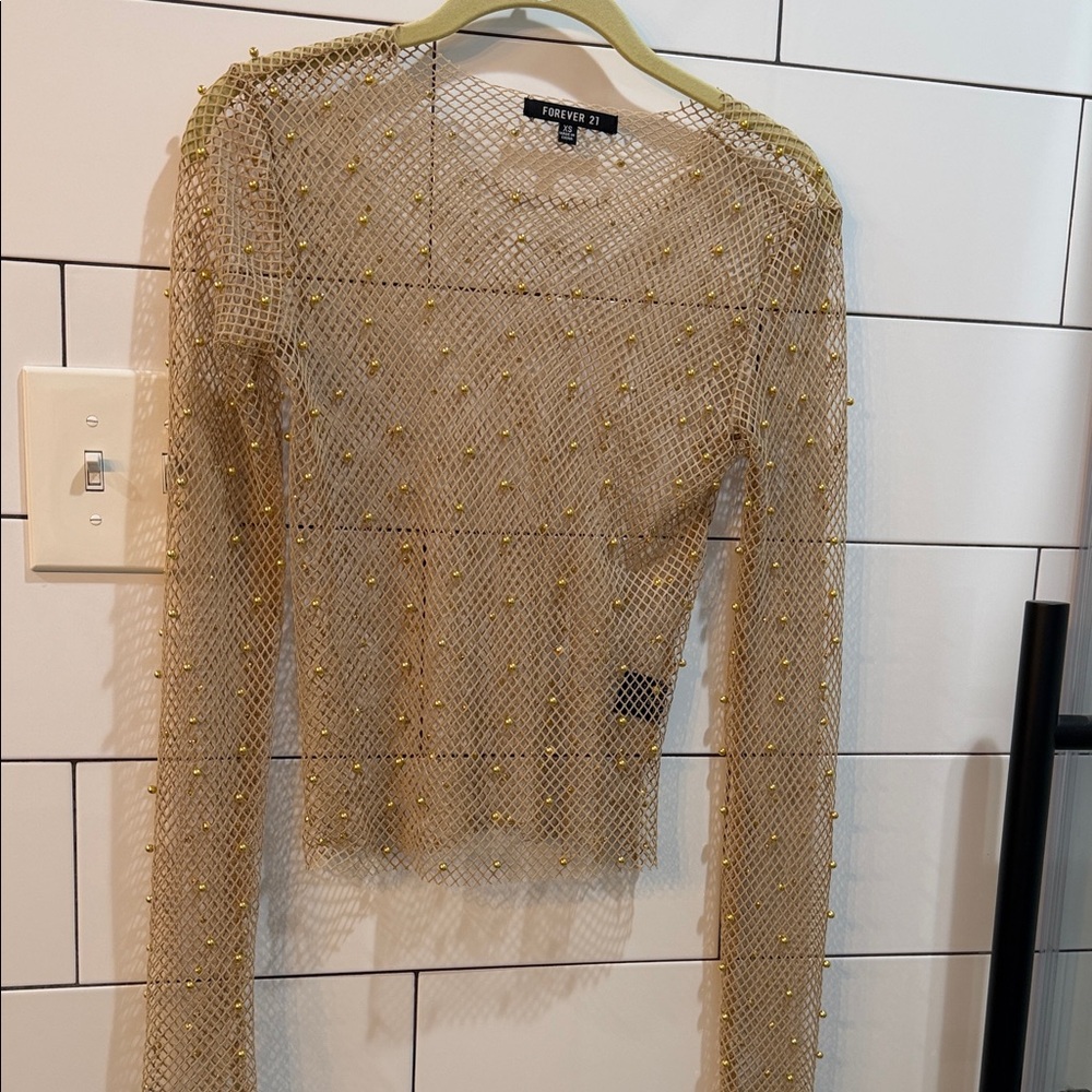 Forever 21 Beige Mesh Long Sleeve Blouse